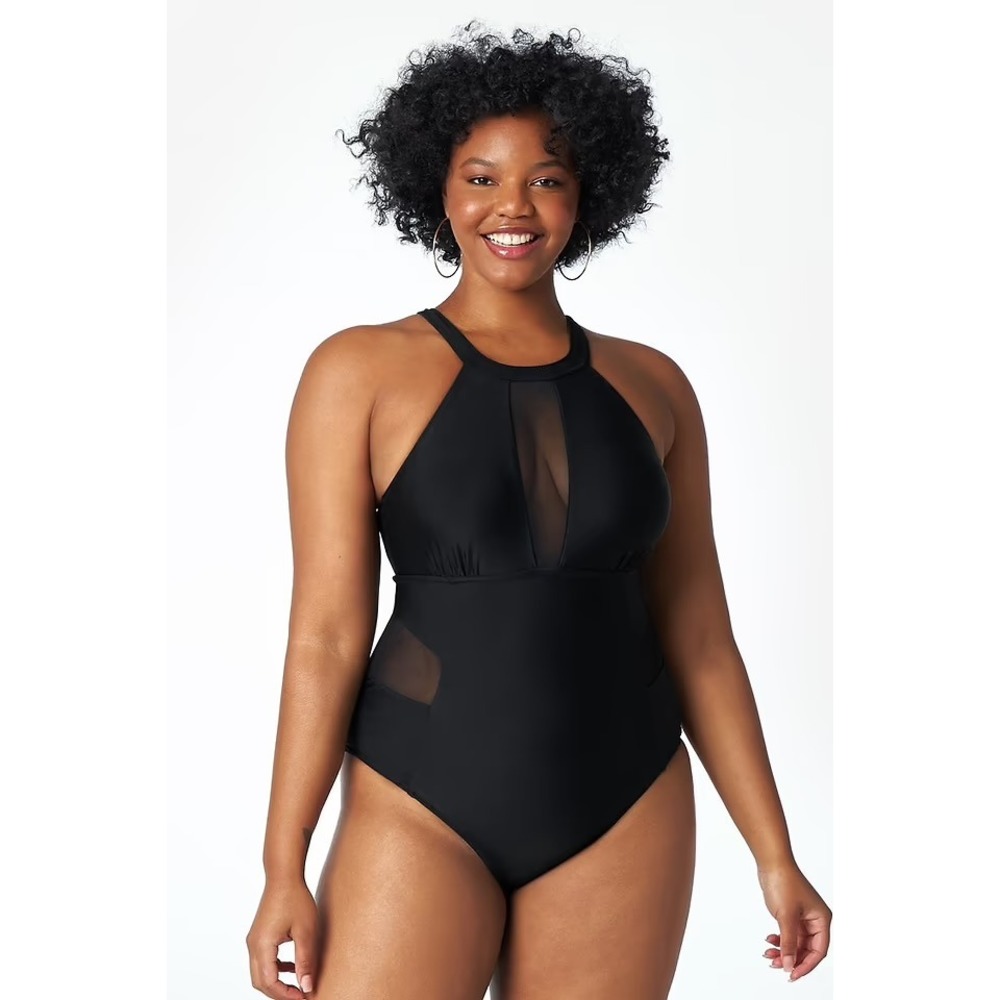 Cupshe Black Halter One Piece Swimsuit Mesh Plunge Plus Size 4X NWT
